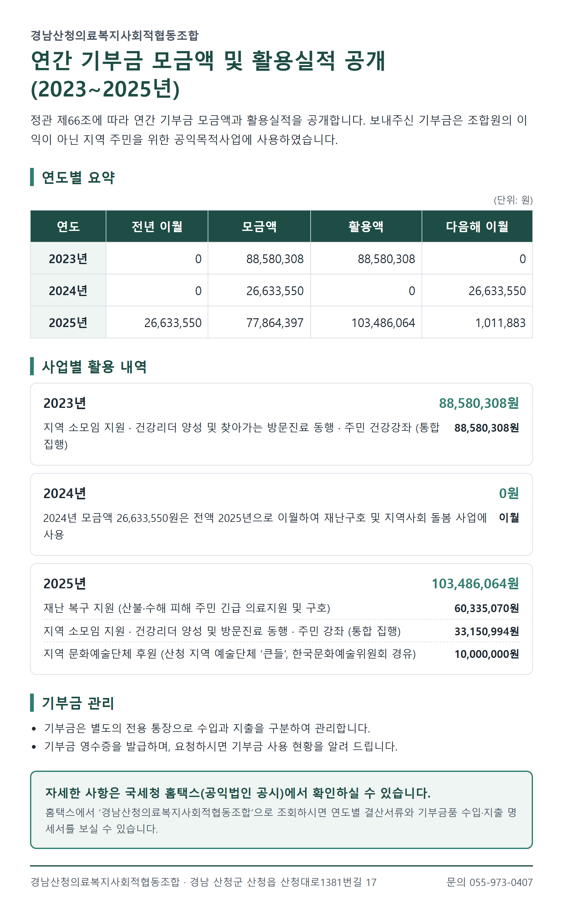 연간 기부금 모금액 및 활용실적 공개(2023~2025년) 첨부 이미지